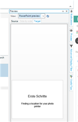 Screenshot of Trados Studio with a PowerPoint preview pane displaying the message 'Finding a location for your photo gallery'.