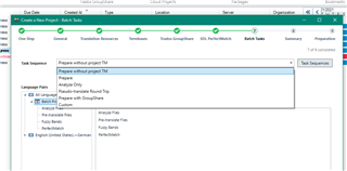 Trados Studio screenshot showing Language PairTranslation memory settings with 'Prepare without project TM' selected.