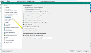 Trados Studio Options menu with 'Editor' selected, showing 'Automation' settings and 'Update Translation Memory' enabled.