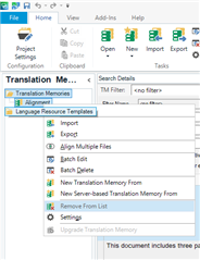 Trados Studio Translation Memories tab with options to import, create, or remove a Translation Memory.