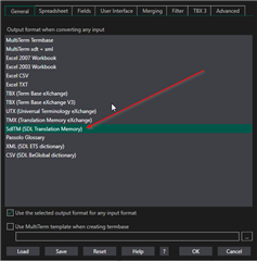 Screenshot of the Glossary Converter app with a red arrow pointing to 'Sdl TM' as the selected output format.