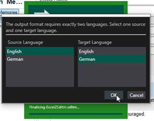 Screenshot of a dialog box selecting source and target languages for the translation memory output.
