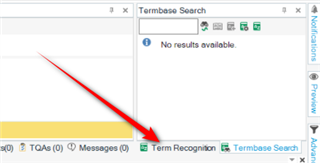 Screenshot of Trados Studio showing the TermBase Search window with a message 'No results available.' and an arrow pointing towards the Term Recognition tab.