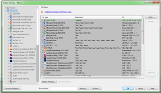 Trados Studio Project Settings window showing a list of file types with their respective extensions and file type definitions.