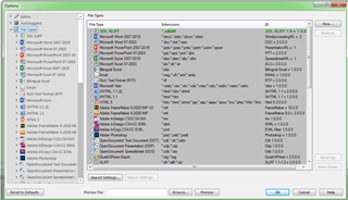 Trados Studio Options window displaying file types with their extensions and definitions, similar to the Project Settings but with a file type missing.