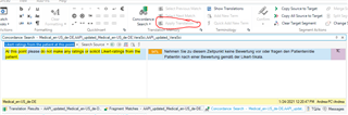 Trados Studio 2017 interface showing the 'Apply Translation' button greyed out in the toolbar. A red circle highlights the inactive button. The Translation Memory (TM) units are visible in the concordance search pane below.