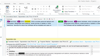 Trados Studio interface showing the Translation Results window with no visible errors or warnings. The TM translations appear to be displayed correctly.