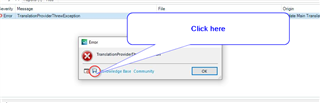 Error message in Trados Studio with a red circle highlighting the 'Save Report' icon and a blue arrow pointing to it with text 'Click here'.