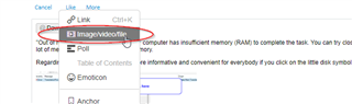 Trados Studio forum post with a red ellipse highlighting the 'insert -> file' option in the text editor menu.