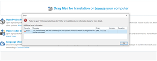 Trados Studio error message stating 'The file format of the file is not supported. Change the file format settings and try again.' with an OK button.