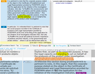 Screenshot of Trados Studio showing a segment with yellow highlights. The TM hit incorrectly suggests 'and the authority' instead of the updated 'and standing'.