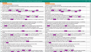 Screenshot of Trados Studio showing comparison of two text files with highlighted differences.