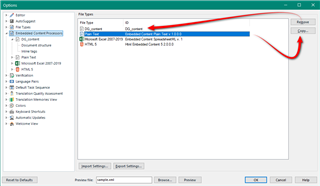 Trados Studio options window with a red arrow pointing to the 'Export' button for the 'DG_content' filetype.