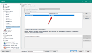 Trados Studio 'Embedded Content' settings window with a red arrow pointing to the 'DG_content' processor selected from a dropdown menu.