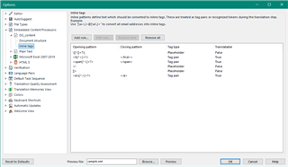 Trados Studio 'Inline Tags' settings window displaying a list of rules for the 'DG_content' embedded content processor.