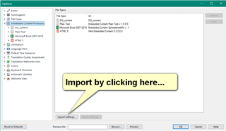 Trados Studio 'File Types' window with a yellow speech bubble indicating the import option for 'DG_content.zip'.