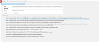 Trados Studio error message dialog box displaying 'Object reference not set to an instance of an object.'