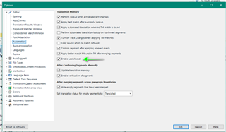 Screenshot of Trados Studio Options menu showing Translation Memory settings with 'Enable Lookahead' option unchecked.