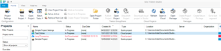 Trados Studio screenshot showing a project list with one project in progress, highlighted in blue, with a status of 'In Progress' and a due date displayed.