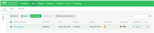 Screenshot of Trados Live inbox with a green 'Accepted' label next to a project, indicating the project has been accepted.