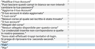 Screenshot of Trados Studio showing a list of Italian phrases with checkboxes next to each item.
