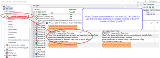 Screenshot of Trados Studio showing unchecked 'Enable entity conversion' option with a note explaining embedded content is not processed, highlighted with red circles and arrows.