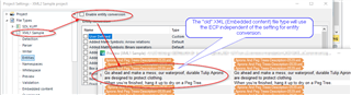 Screenshot of Trados Studio with 'Enable entity conversion' unchecked in XML2 file type settings, indicating that embedded content is not affected, highlighted with red circles and blue annotations.