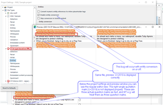 Screenshot of Trados Studio displaying a bug with right single quotation marks not shown correctly, with annotations explaining the issue and highlighting the error in red.