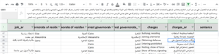 Screenshot of a bilingual Excel document with multiple columns, highlighting column M with Arabic text.