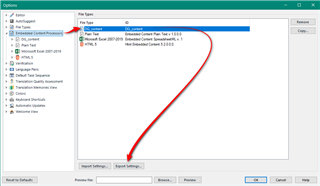Trados Studio screenshot showing the 'File Types' options with a red arrow pointing to the missing 'Export' button in the 'Embedded content processing' tab.