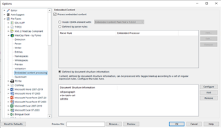 Trados Studio options window showing file type settings with embedded content processor options, including a checked box for 'Enable embedded content' and a selected 'Embedded Content Processor' from a dropdown menu.
