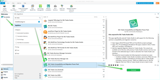 Screenshot of Trados Studio 2021 showing the welcome screen with a notification to install SDL Trados Compatibility and Migration Power Pack. A list of recent projects is visible on the left, and a community forum thread is open in the main window discussing TMX import into project settings.