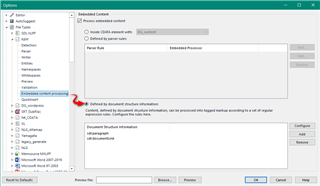 Trados Studio options menu with XML2 filetype selected, showing embedded content processing rules with a red circled warning about document structure information.