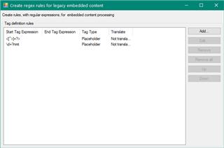 Create regex rules dialog box for legacy embedded content in Trados Studio with fields for start tag, end tag expressions, and tag type.