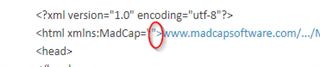 XML code snippet with a syntax error highlighted by a red circle around a misplaced closing angle bracket.