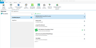 Trados Studio Add-Ins window showing installed plugins including 'MEMsource Cloud' and 'SDL Machine Translation Cloud'.