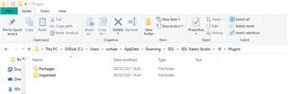 File Explorer window with the path 'C: > Users > Username > AppData > Roaming > SDL > SDL Trados Studio > 15 > Plugins' showing 'Packages' and 'Unpacked' folders.