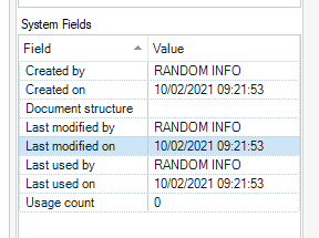 Screenshot of Trados Studio showing System Fields with 'Created by', 'Created on', 'Document structure', 'Last modified by', 'Last modified on', 'Last used by', 'Last used on', and 'Usage count' fields filled with 'RANDOM INFO' and specific timestamps.
