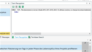 Screenshot of Trados Studio showing the Term Recognition window with a message about the phenomenon not being new.