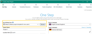 Trados Studio 'Create a New Project' window with default project template selected and source language set to English (United Kingdom) and target language set to German (Germany).
