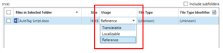 Dropdown menu in Trados Studio showing file usage options with 'Reference' selected and 'Translatable' option available.