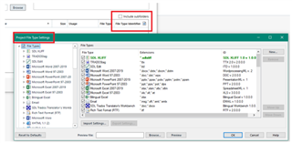 Trados Studio 'Project File Type Settings' window with a list of file types and 'Include subfolders' option highlighted in amber.