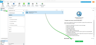 Trados Studio 2021 interface showing the 'Integrated Search Views' window with a list of search results and a highlighted message suggesting to move the plugin from the downloads folder to the desktop for installation.