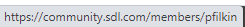 Screenshot of a Trados Studio user profile URL showing 'https:community.sdl.commemberspfilkin'.