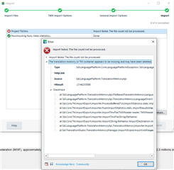 Error message in Trados Studio during TMX import stating 'Import failed. The file could not be processed' with a detailed exception stack trace.