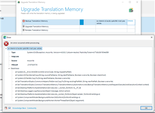 Error message in Trados Studio when upgrading Translation Memory showing 'An error occurred while processing' with a detailed exception stack trace.