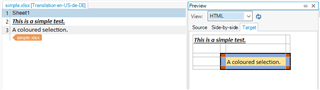 Trados Studio screenshot showing a simple Excel file translation with a preview pane displaying 'This is a simple text' and 'A coloured selection.'