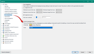 Trados Studio options menu with a red arrow pointing to Language Pairs, then Translation Memory and Automated Translation settings. Burmese (Myanmar) is selected as the default language.