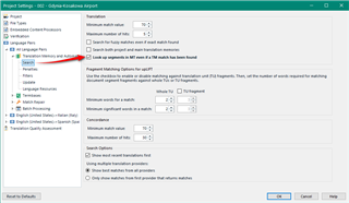 Trados Studio Project Settings dialog box with Translation Memory and Automated Translation settings displayed, no visible errors or warnings.