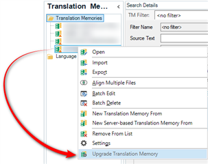 Trados Studio Translation Memories window with an arrow pointing to 'Upgrade Translation Memory' option in the right-click context menu.